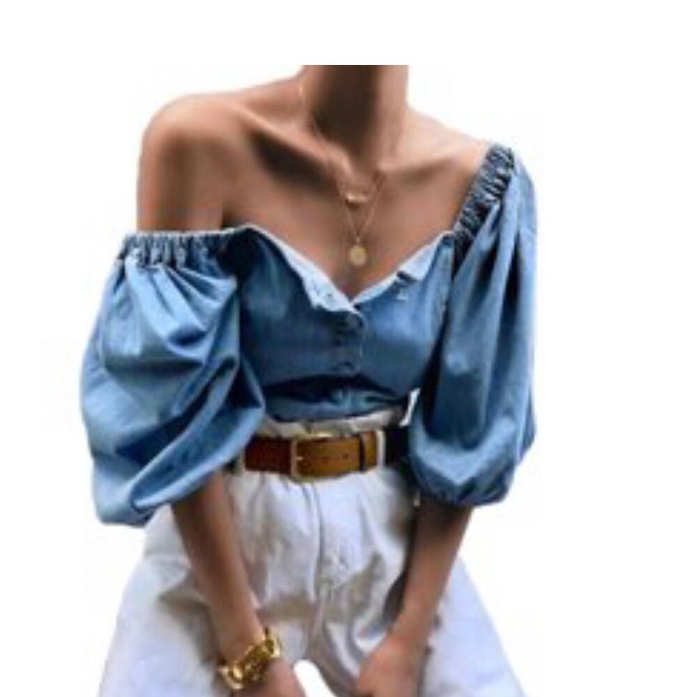 NEW Retro Off Shoulder Chambray Puff Sleeve Button Up Cotton Blend Blouse 2XL - Picture 3 of 7